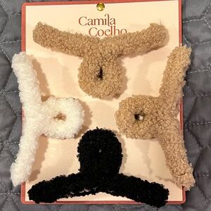 NWT Camila Coelho Fuzzy Hair Claw Clips Pack of 4 Sherpa Fleece teddy bear